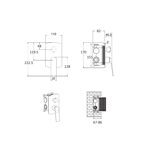 Mitigeur mécanique chromée à encastrer dimensions