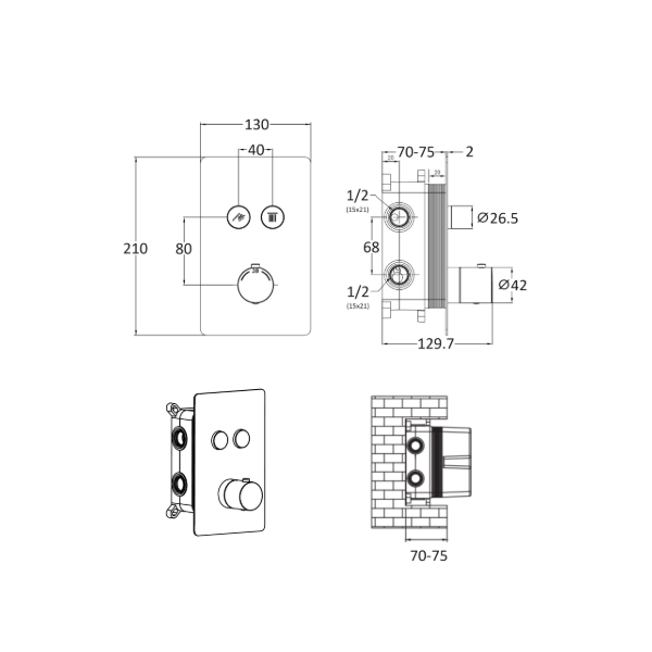 Mitigeur thermostatique chromée à encastrer dimensions